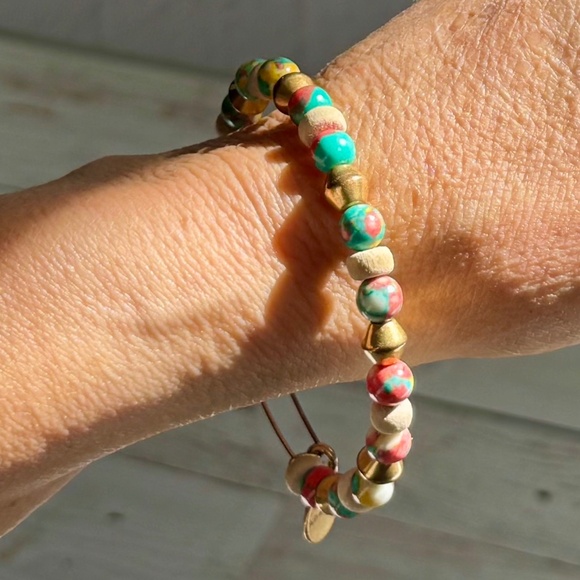 Alex and Ani Turquoise and Coral Gold Expandable Bangle Bracelet - Picture 1 of 9